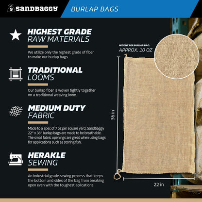 Sandbaggy Burlap Bags for Vegetables & Gardening, 22" X 36"- Burlap Sacks Perfect for Kids - Plant Covers - Holds Up to 50lbs - Food Grade (Pack of 10)
