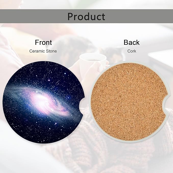 Pink Glowing Galaxy Space Stars Car Coasters,Ceramic Absorbent Cup Holders with Finger Notch & Cork Base Car Assecories for Women/Men 2.6"(2 Pieces)
