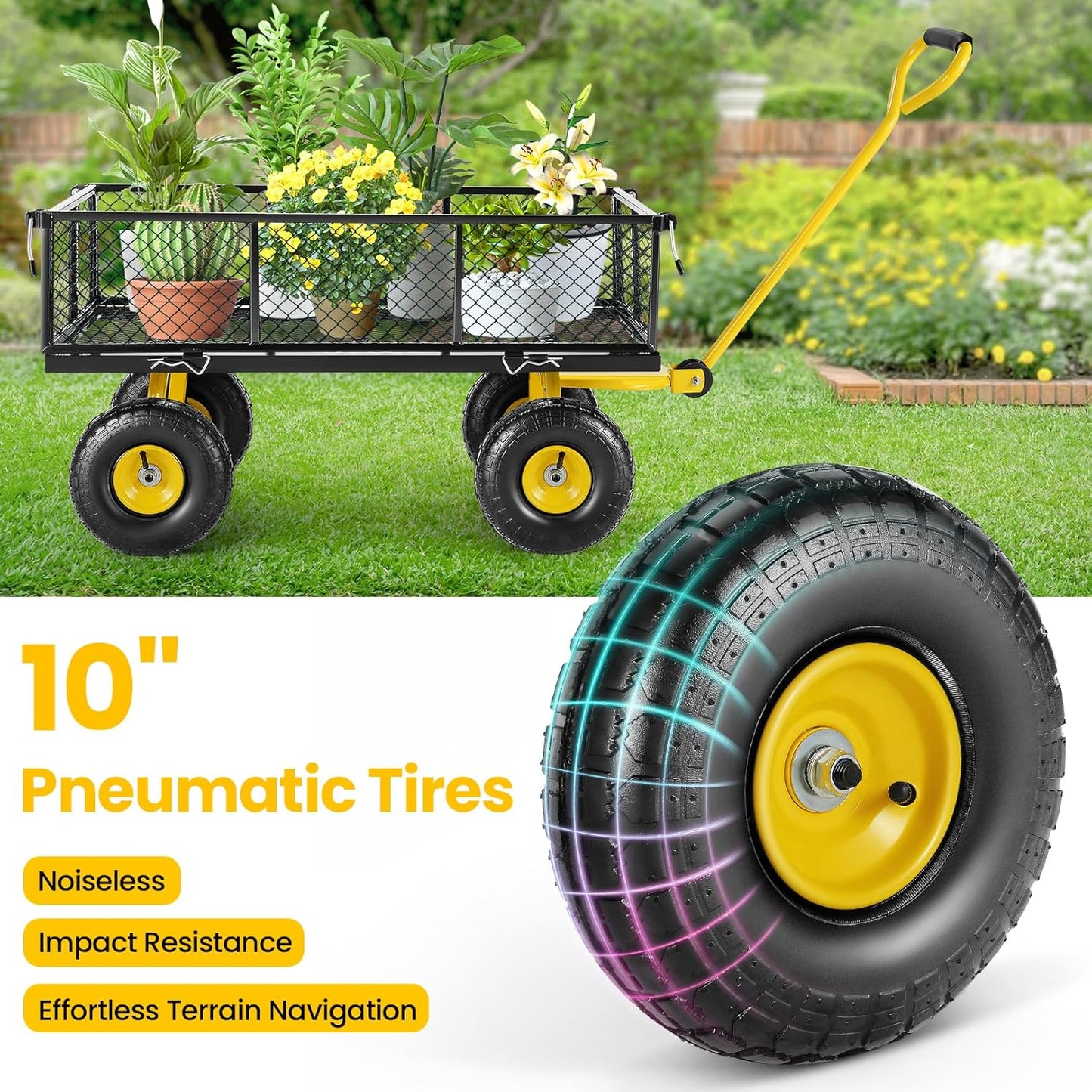 TEANDE Garden Cart, Heavy Duty 880 Lbs Capacity Mesh Steel Garden Cart with Removable Sides to Convert into Flatbed, Utility Metal Wagon with 180° Rotating Handle and 10 in Tires