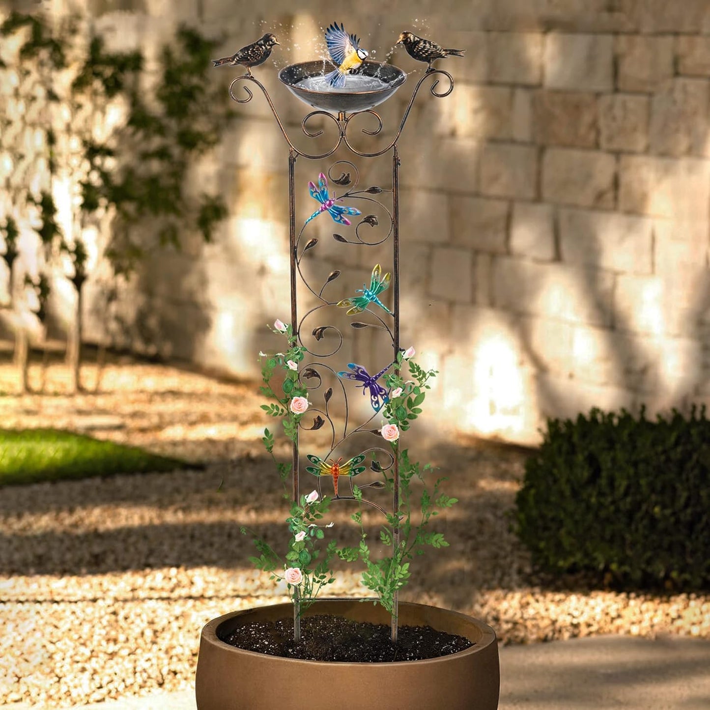 SUNNYPARK Bird Bath with Trellis Outdoor, Antique Garden Iron Plant Trellis with Decorative Dragonfly Detachable Bird Bath Bowl Metal Potted Plant Support for Climbing Flowers