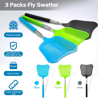 Telescopic Fly Swatter, Begonia Fly Swatter for Indoors,Manual Plastic Flyswatter Heavy Duty with Stainless Steel Telescopic Handle (3 Pack)