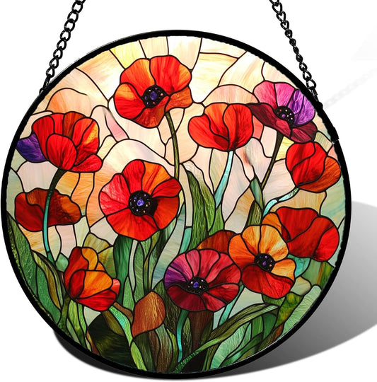 Stained Glass Window Hanging - Poppy Birth Flowers Suncatcher for Door Garden Yard Wildflowers Sun