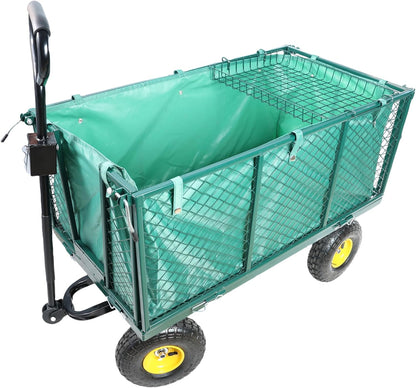 Heavy Duty Garden Wagon with Foldable Sides, Pneumatic Tires, Adjustable Handle (Green + Cloth Pocket)