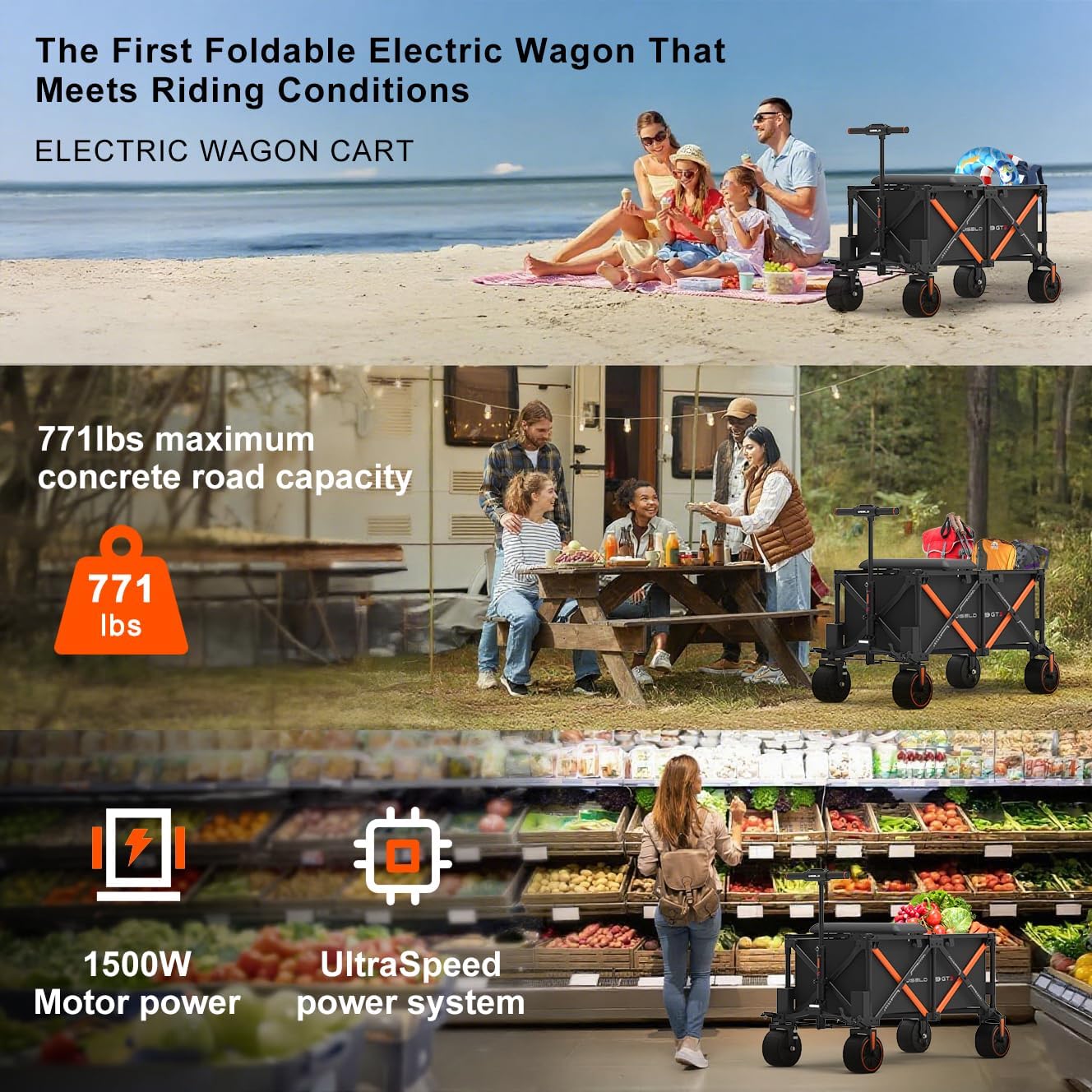 WISELD GT3 Electric Wagon Cart with 2 Seats, Dymanic Load 551LBS/Static 771LBS, All Terrain Wagon, 2 Modes, Reverse Function, Precision Steering, for Shopping, Sports, Garden, Camping