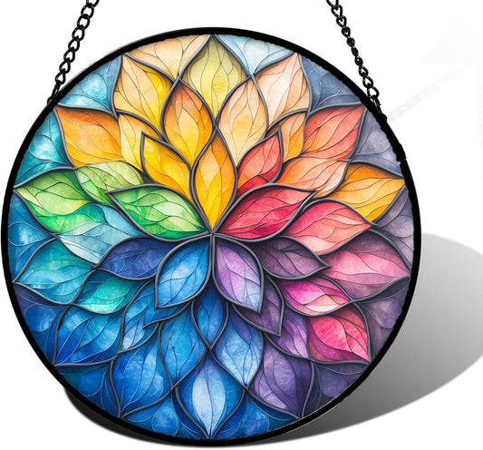 Stained Glass Window Hanging, Colorful Flower Petals Sun Catchers Diamond Glass Panel Hangings