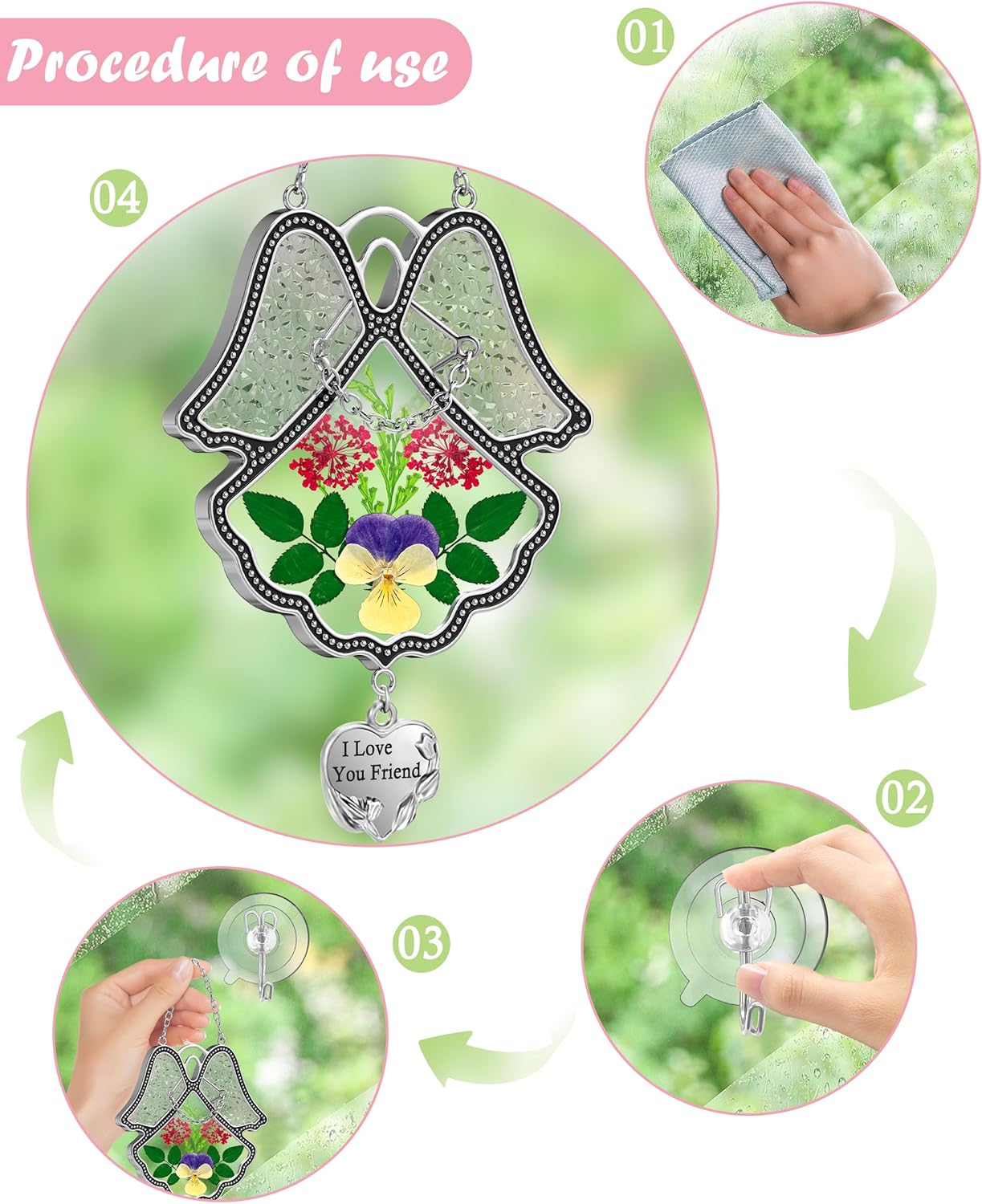 KY&BOSAM Angel Suncatcher I Love You Frined Stained Glass Panels for Windows Hangings Wind Chime with Pressed Flower Glass with Metal Charm Birthday Gift for Women Friend Mothers Day Christmas Decor