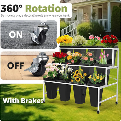 Flower Display Stand 3 Layers with 12 PCS Round Buckets, Plant Stand with Wheels, Movable Metal Plant Stand for Terrace Garden, Living Room, Florist Shop
