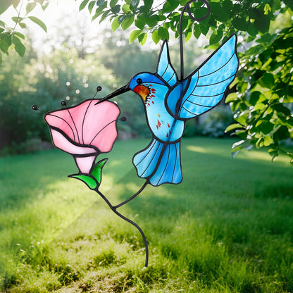 Handmade Stained Glass Hummingbird Suncatcher, Blue Bird with Pink Flower Window Hanging Decor, Art Glass Ornament, Unique Gifts for Mom, Bird Lovers & Home Decoration