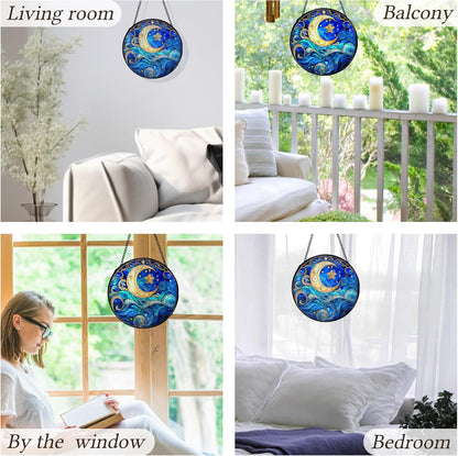 kdqua Moon and Star Suncatcher Stained Glass Window Hanging, Blue Celestial Astronomy Sun Catchers Indoor Window Glass Round Wall Decor, Moon and Stars Wall Art Hanging Decorations Statues, 7.9x7.9in
