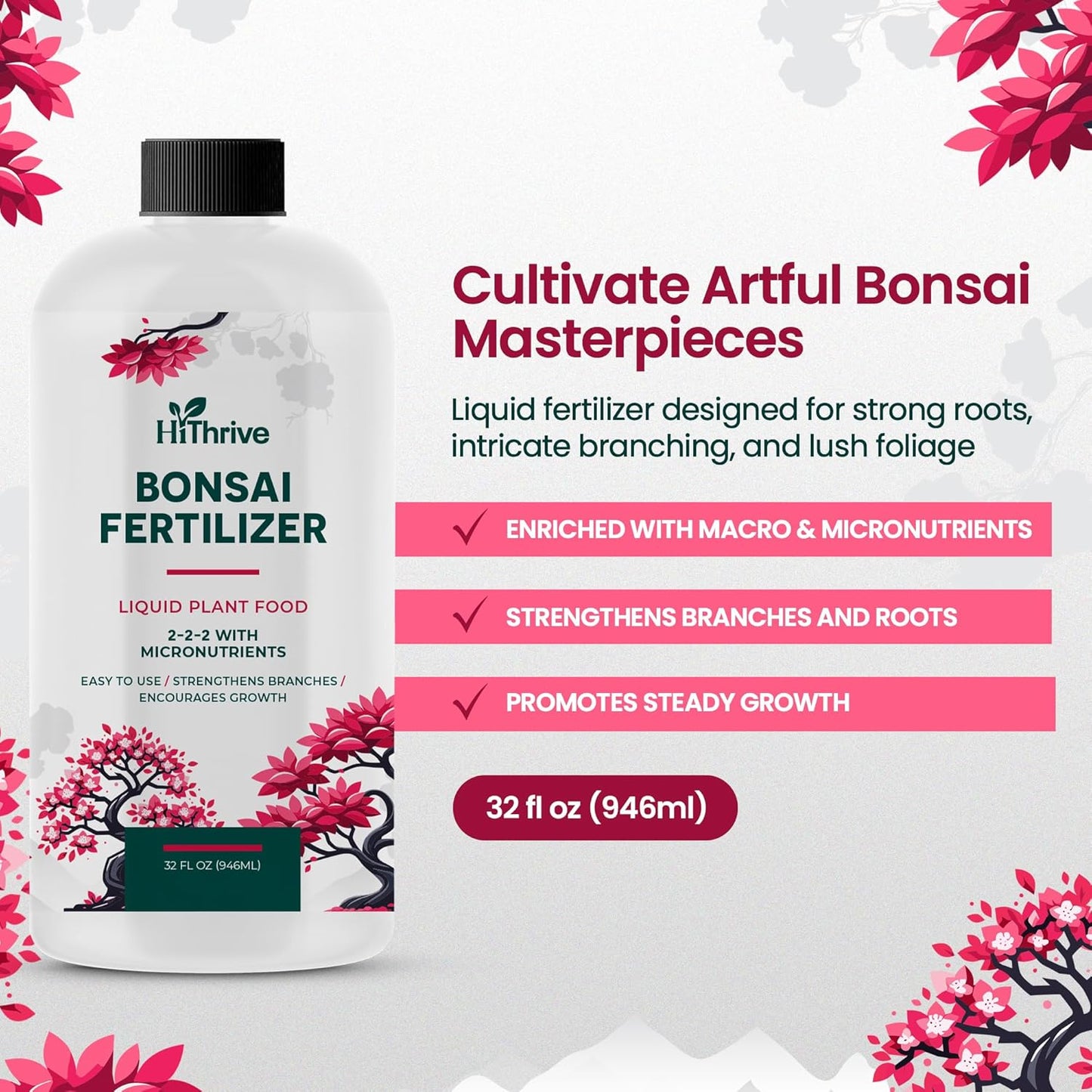 32oz Bonsai Tree Live Liquid Plant Food - Makes 64 Gallons of Bonsai Fertilizer Liquid, Premium Macronutrient Formula Enriched with Micronutrients for Healthy Roots, Branching & Foliage