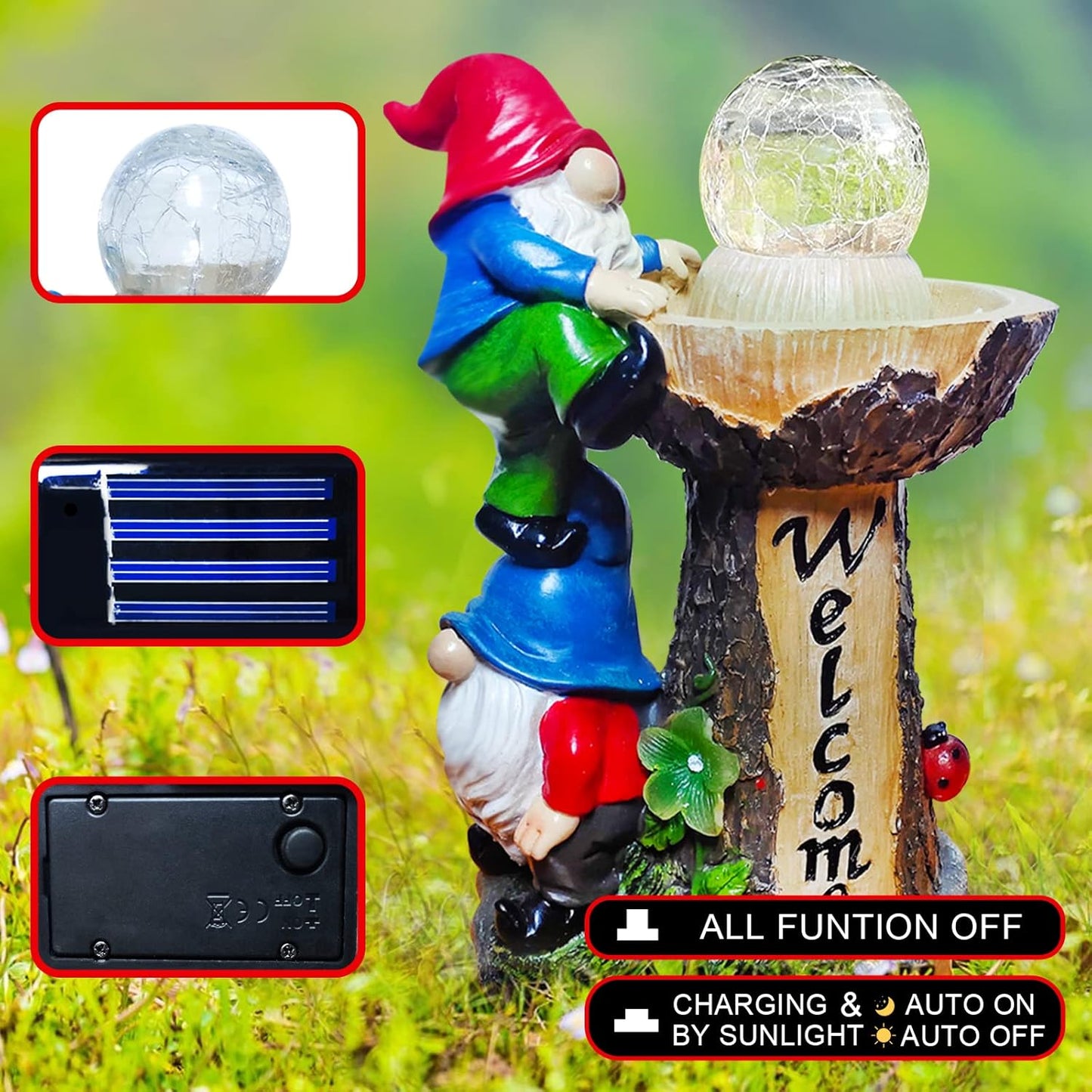 Garden Gnome Statues, Garden Statues for Outside with Solar LED Lights,10.4 in Funny Double Gnomes Sculptures Outdoor Decorations for Yard, Ideal Gnomes Gifts for Women/Grandma/Mom