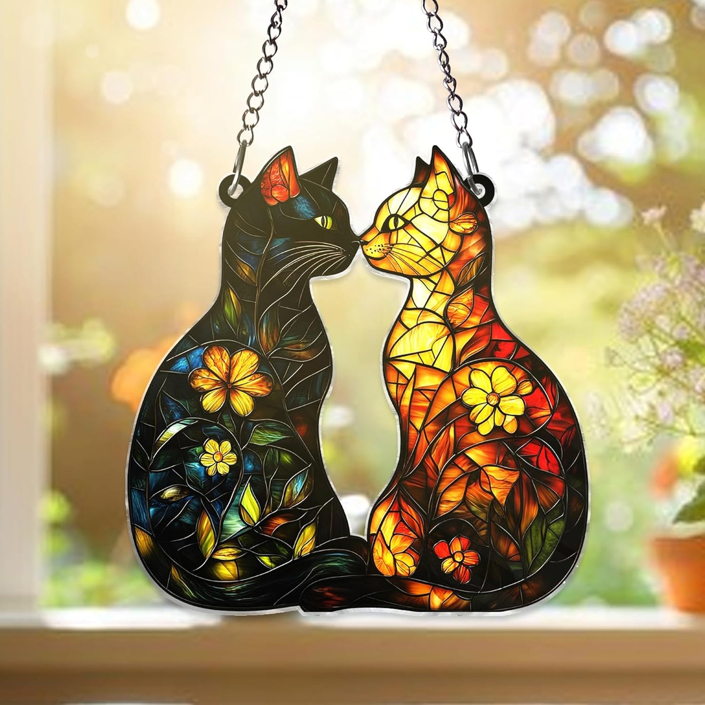 Cat Suncatcher – Acrylic Window Hanging of Two Cats in Love, Romantic Floral Cats Decor, Gift for Cat Lovers, Mom, Couple, Anniversary, Black Orange Cat's, Home Decoration (Sun-31)