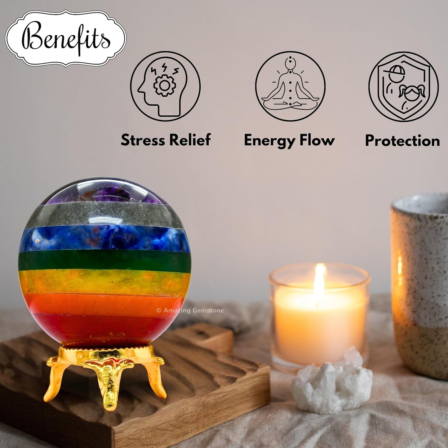 Amazing Gemstone Chakra Crystal Ball with Stand - 2 Inches Crystal Sphere Meditation Balls for Witchcraft and Decorative Balls