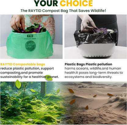 RAYTID Compostable trash Bags 2.6 Gallon Compost Bags for Kitchen Countertop Bin 1.3,2,3, Gallon, 120 Count,Small Kitchen Food Scrap Waste Bags,ASTM D6400, US BPI & Europe OK Compost Home Certified