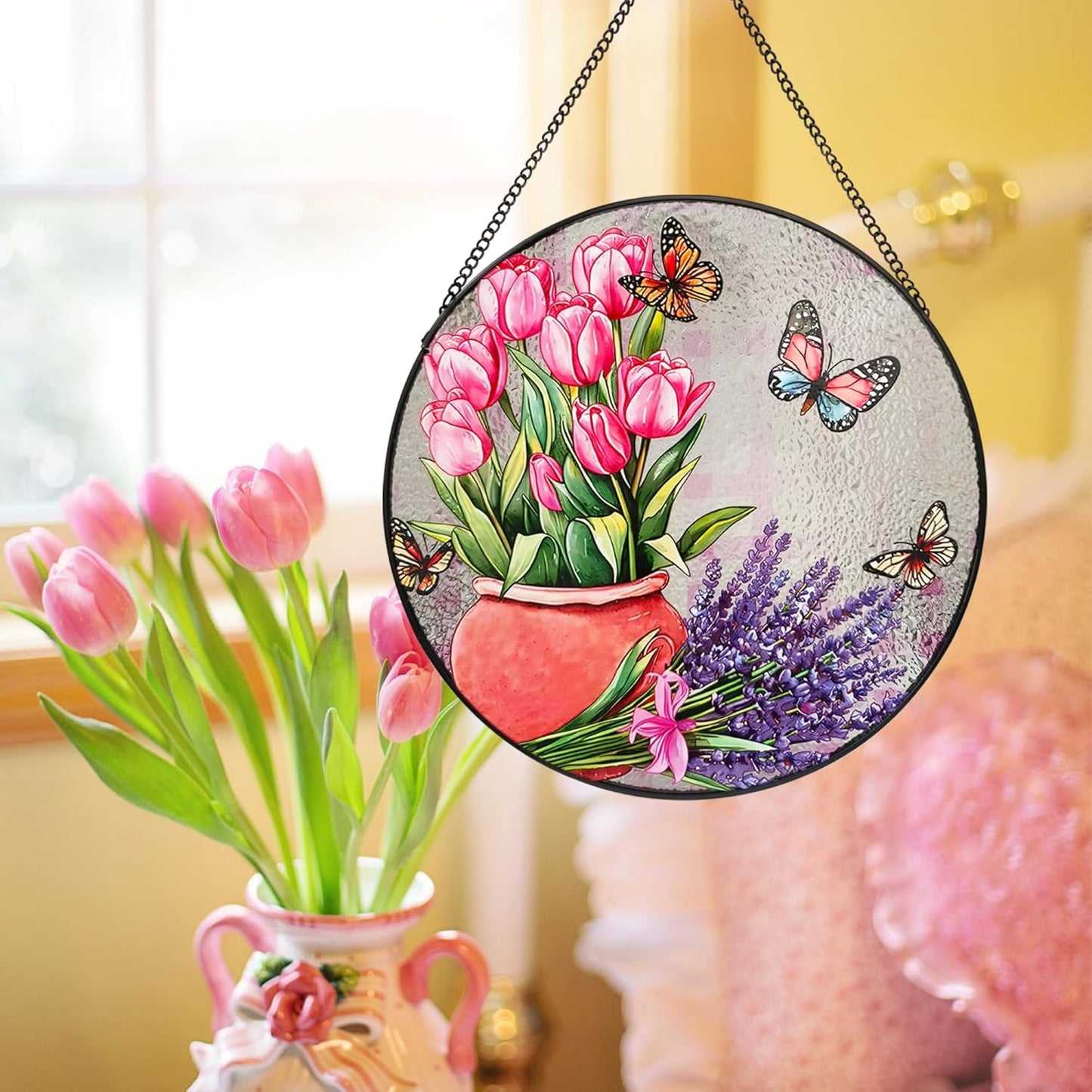 Stained Glass Window Hanging, 9.8'' Tulip Lavender Butterfly Sun Catcher Glass Panel for Window Hanging, Suncatcher Decor Christmas for Women Men Mom Aunt