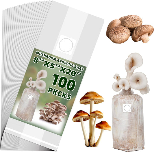 TonGass 100-Pack Large 8"x5"x20" Autoclavable Mushroom Grow Bags Bulk with Microporous Filter Patchs, Extra Thick 80 Micron (=3 Mil), Mushroom Cultivation Spawn Supply Myco Bag Bulk Substrate Bags