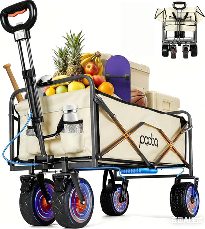 Electric Collapsible Garden Wagon Cart with Wheel,Rolling Foldable Metal Utility Wagon Carts,100w Power and 300lb Capacity, Portable for Camping,Sports,Shopping,Groceries,Laundry