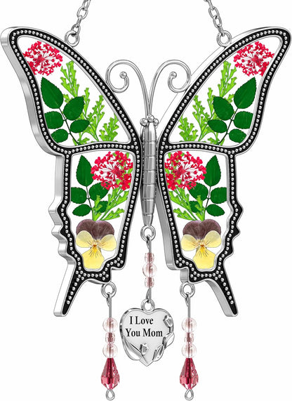 KY&BOSAM Butterfly Suncatcher for Windows Hanging I Love You Mom Stained Glass Wind Chimes Decor Pressed Real Flower in Glass with Heart Charm Mom Gifts Birthday Gifts for Women Mothers Day Christmas