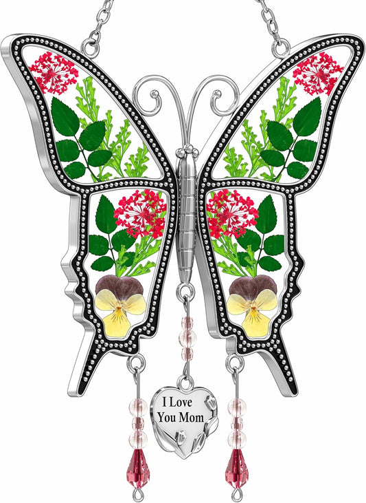 KY&BOSAM Butterfly Suncatcher for Windows Hanging I Love You Mom Stained Glass Wind Chimes Decor