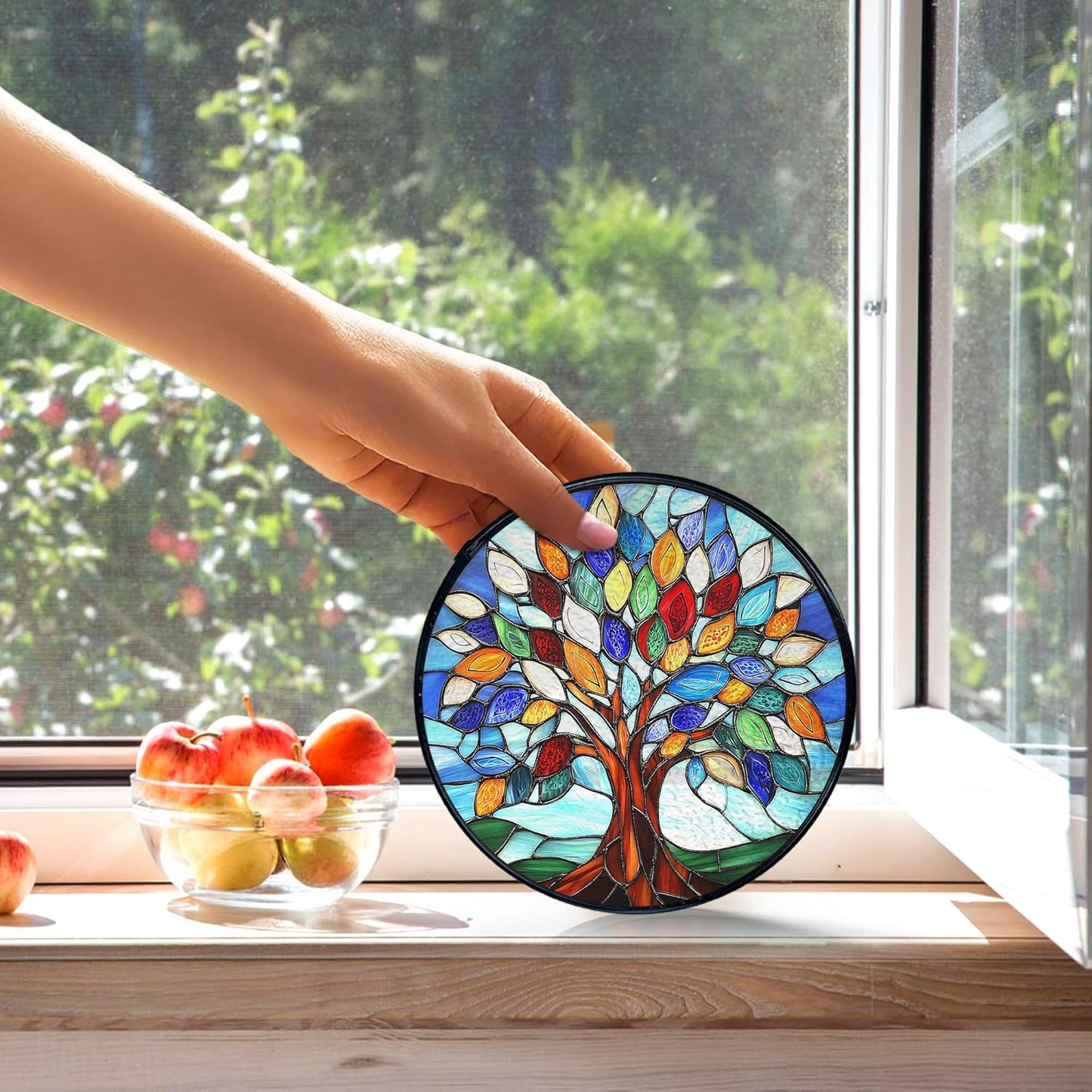 kdqua Tree of Life Suncatcher Stained Glass Window Hanging, Sun Catchers Indoor Window Glass Round Wall Decor, Nature Wall Art Hanging Decorations Statues Christmas & Birthday Gifts, 7.9x7.9in