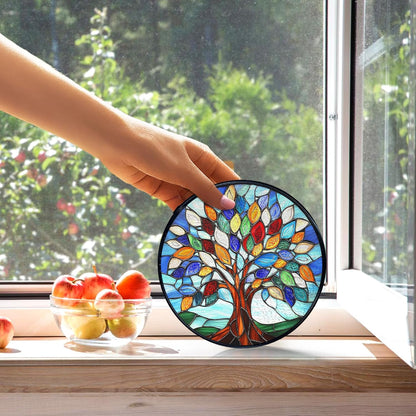 kdqua Tree of Life Suncatcher Stained Glass Window Hanging, Sun Catchers Indoor Window Glass Round Wall Decor, Nature Wall Art Hanging Decorations Statues Christmas & Birthday Gifts, 7.9x7.9in