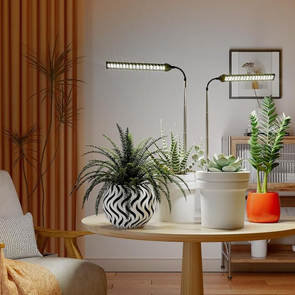LED Grow Light 2 Pack, 6000K White Full Spectrum 144 LED Gooseneck Growing Lamp for Indoor Plants Growth,4 8 12 18Hrs Timer & Brightness Changeable,Insert Pole Extendable 4-10''