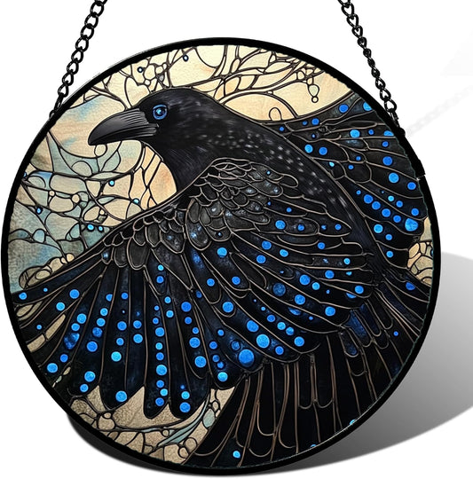 Stained Glass Window Hanging - Black Crow Big Wings Suncatcher for Doors Garden Patio Bird Sun