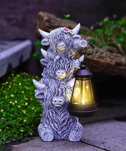 Solar Highland Cow Outdoor Decor:Garden Statue Outside Lantern Ornaments for Yard Lawn Patio Porch- Unique Gifts for Mom Women Grandma(Grey)