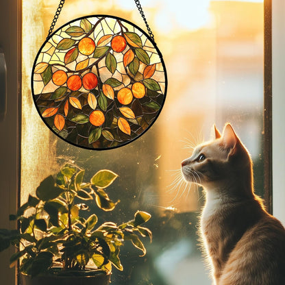 Stained Glass Suncatcher, Orange Green Fruit Tree Sun Catcher Landscape Stain Glass Window Hanging Decoration Mother's Day Birthday Gifts for Women Men Mom Nana 11.8 in