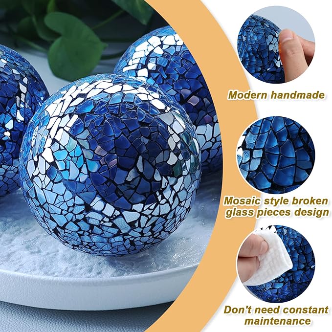 3 Pack Blue Decorative Orbs Mosaic Crack Glass Balls Decor Solid Sphere Globe Bowl Vase Fillers Holiday Living Room Mantle Basket Centerpiece 3.35 Inch