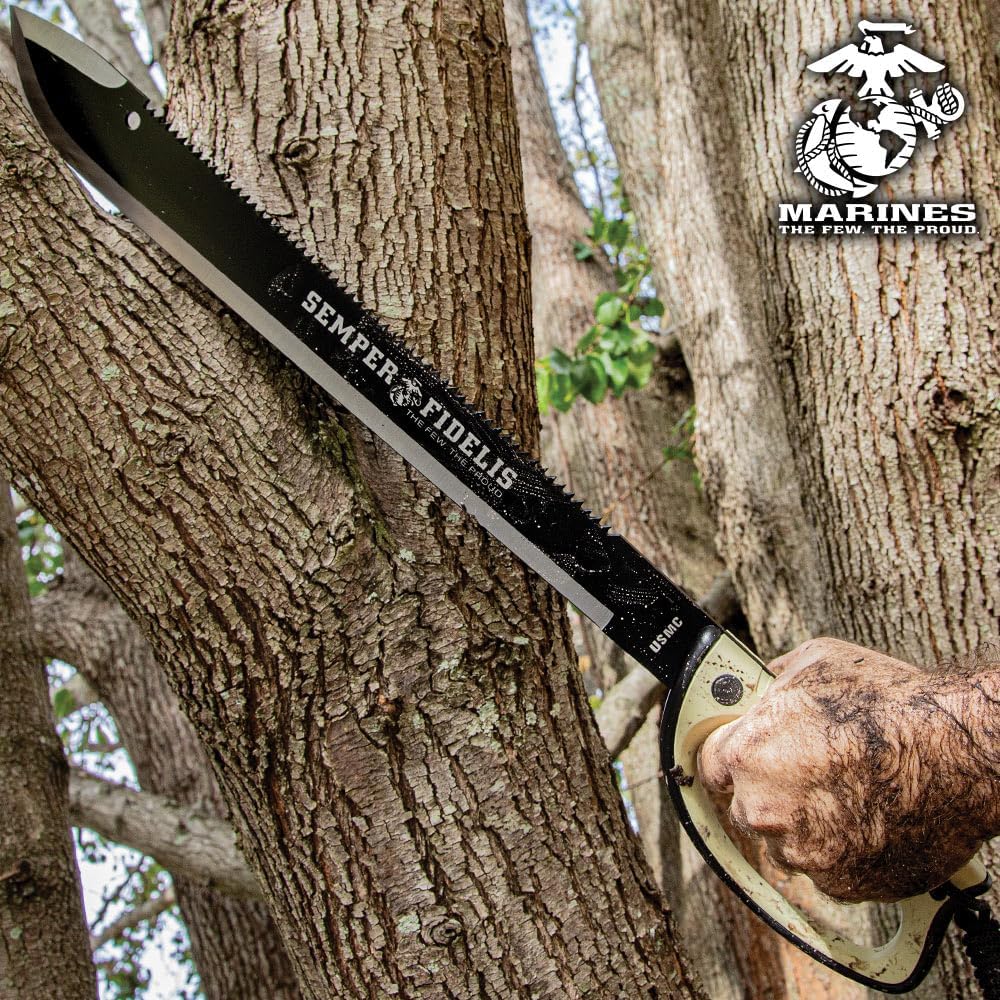 United Cutlery USMC Semper Fi Sawback Machete Knife with Sheath | Full-Tang Machete | 17 1/2" Non-Reflective Stainless Steel Blade | Saber-Style Handguard Handle | Modern Tactical Weapon - 24” Overall