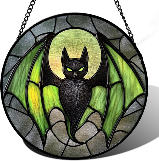 Stained Glass Window Hanging - Halloween Black Bat Green Wings Monster Suncatcher for Doors Garden