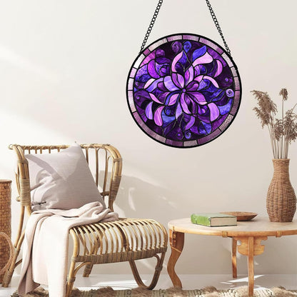 Stained Glass Window Hanging - Purple Abstract Flower Suncatcher for Door Garden Patio Sun Catchers Decor Christmas Mother's Day Birthday Gifts for Women Men Mom Nana Aunt Friend 7.8 in