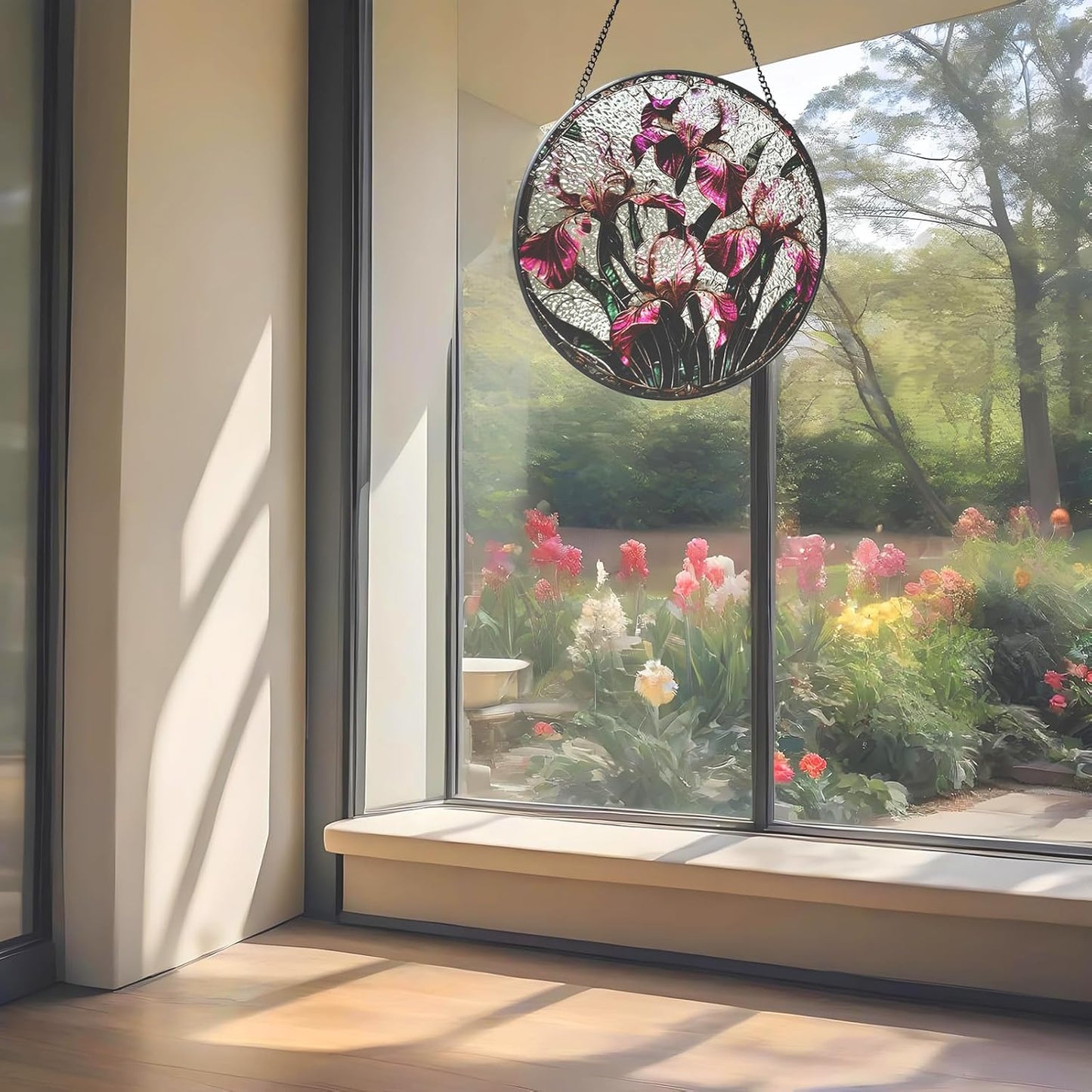 Floral Stained Glass Window Hanging - Iris Design Handmade Suncatcher, Luyseyha 8 Inch Sun Catcher for Windows, Home, Garden, Office, Christian Gift