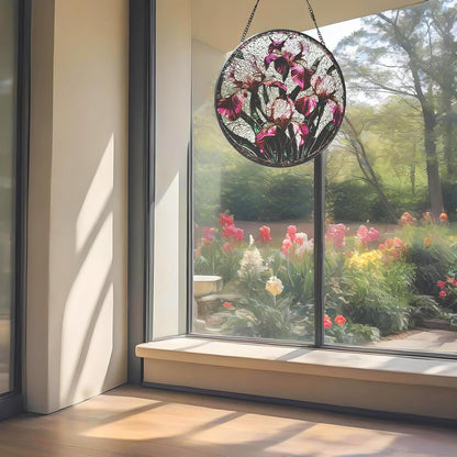 Floral Stained Glass Window Hanging - Iris Design Handmade Suncatcher, Luyseyha 8 Inch Sun Catcher for Windows, Home, Garden, Office, Christian Gift