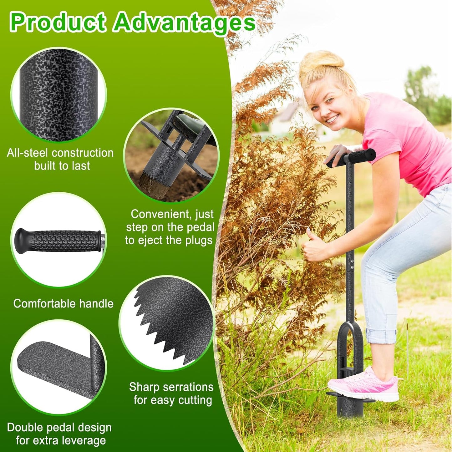 Dolibest Sod Plugger Tool, Grass Plugger Tool with Dual Pedals & Foot Ejector, Bulb Planter W/Sharp Serrations and Non-Slip Soft Grip Handle, for Lawn Planting Bulbs and Grass Repair, Easy Assembly