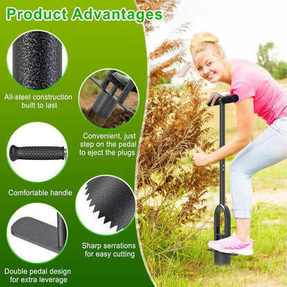 Dolibest Sod Plugger Tool, Grass Plugger Tool with Dual Pedals & Foot Ejector, Bulb Planter W/Sharp Serrations and Non-Slip Soft Grip Handle, for Lawn Planting Bulbs and Grass Repair, Easy Assembly