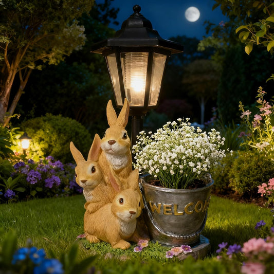 Outdoor Rabbit Garden Statues with Solar Lantern Flowerpot- Bunny Figurine Rabbit Decor for Home Lawn,Balcony Yard Art Garden Patio Decor,Unique Housewarming Birthday Gifts for Women Mom