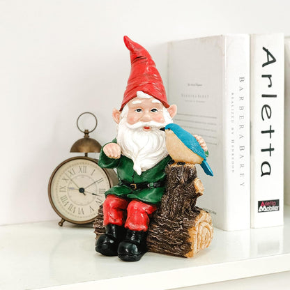 Garden Gnome Statues with Bird Resin Sculpture Gnome Sitting on The Stump Outdoor Statues for Outdoor Garden Decor