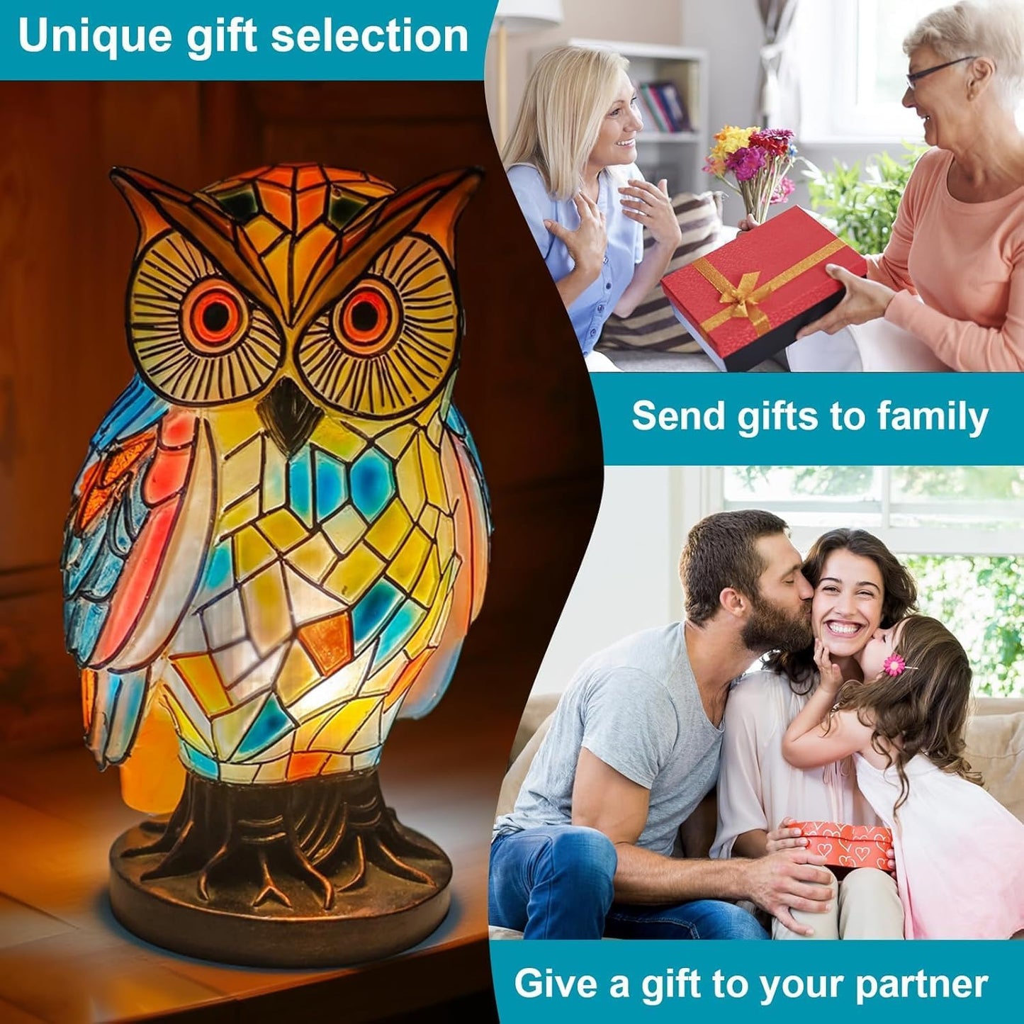 Tiffany Style Owl Table Lamps - Hand-Drawn Vintage Resin Colorful Tiffany Owl Lamp for Bedroom Living Room Nursery Office, Whimsical Animal Desk Lamp, Unique Gift for Mom.