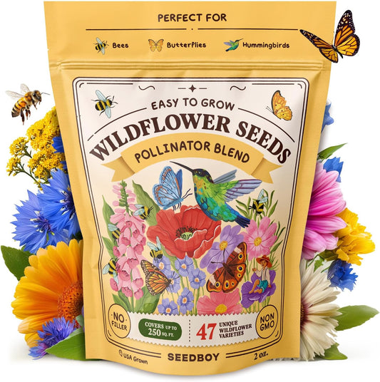 Seedboy Wildflowers for Pollinators Seed Mix – 2 oz Bulk Wildflower Seeds - 40,000+ Non-GMO Seeds for Bees Butterflies Hummingbirds – 47 Varieties of Annual & Perennial Wild Flowers for Planting (2oz)