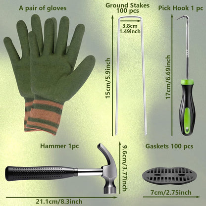 Landscape Fabric Pins, 150 Pack 6-Inch G-Shaped, Garden Galvanized Stakes, Hammer and Gloves Pair, Rust-Resistant Garden Pins for Securing Weed Barrier Fabric, Ground Cover, Irrigation Tubing