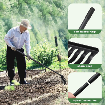 60" Bow Rake 12 Tines Metal Head Rakes with Adjustable Handle, Thatch Rake for Gathering Thatch Loosening Soil Leveling Lawn Farming Land