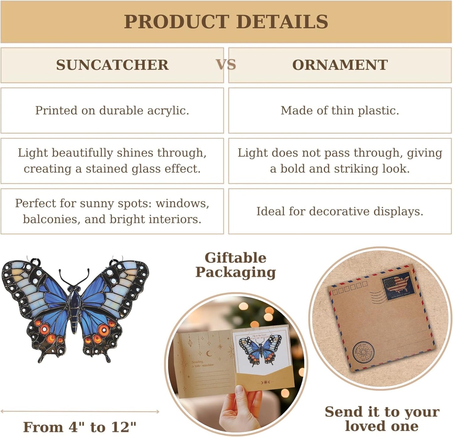 Blue Butterfly Acrylic Suncatcher Stained Glass Effect Window Car Hanging Christmas Ornament Indoor Outdoor Decor Garden Sun Catcher Panel Gift for Butterfly Lover for Women Mom Grandma