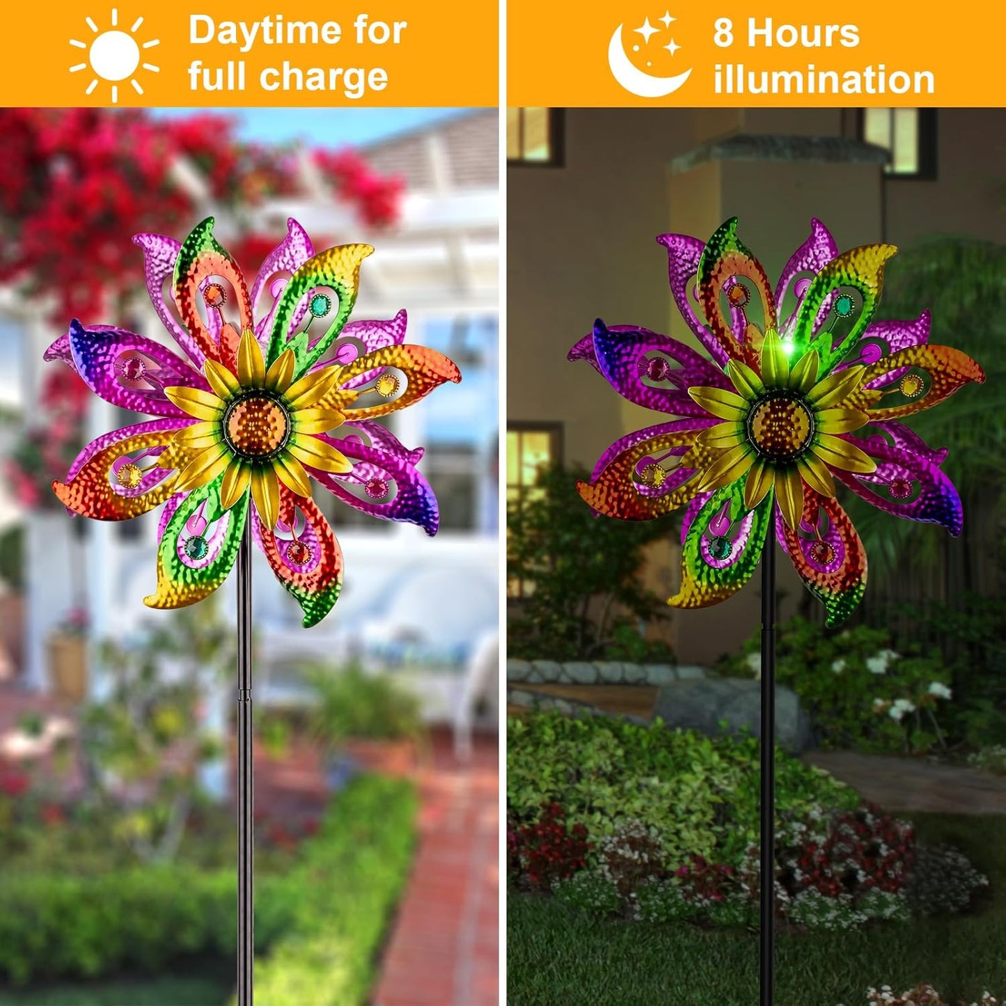 360°Solar Wind Spinner with Lights Sunflower Garden Outdoor Decor Yard Lawn Art Decor for Patio Kinetic Windmills Unique Gifts for Friends and Family 60.63'' H x 13.38'' Dia