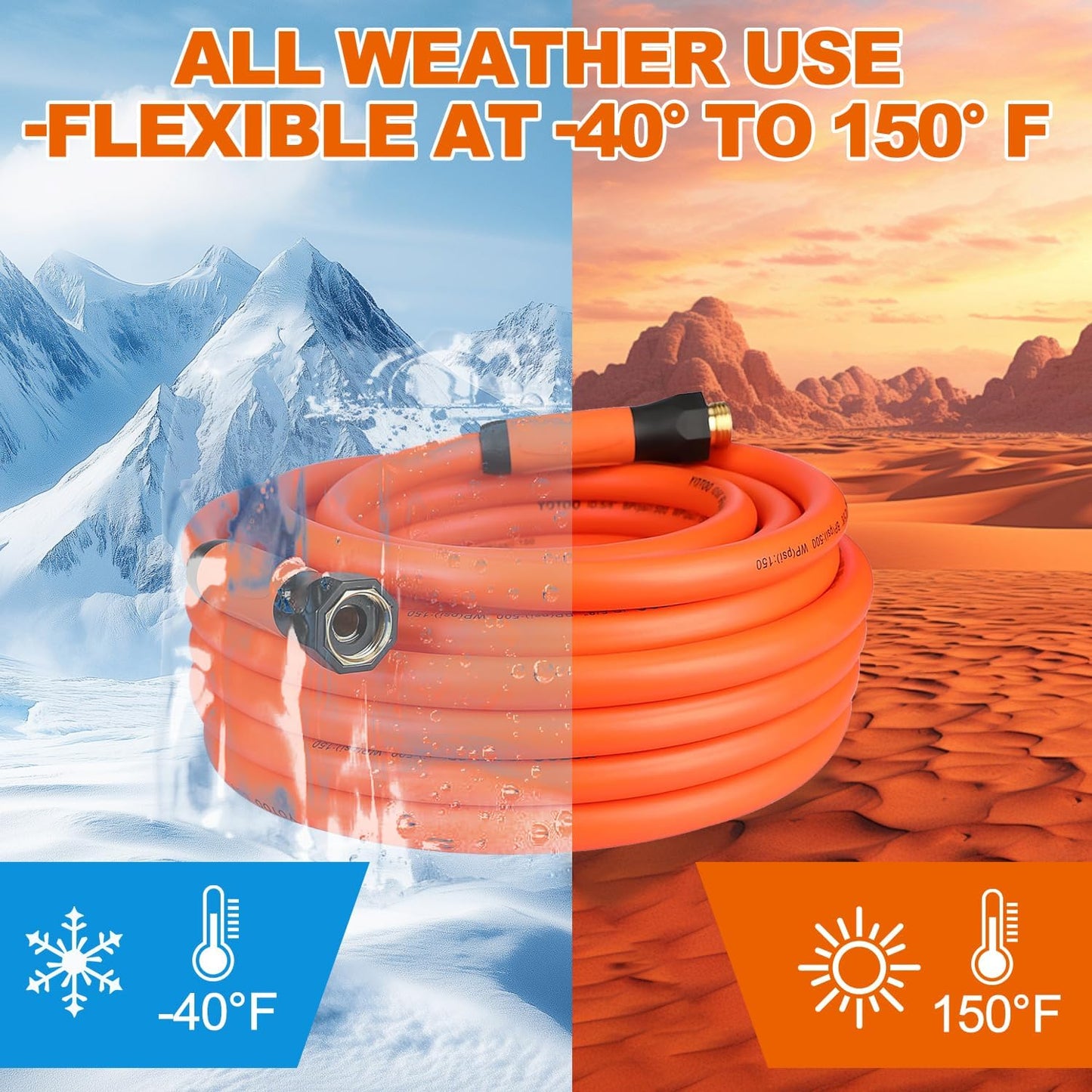 YOTOO Heavy Duty Hybrid Garden Water Hose 5/8-Inch by 50-Feet 150 PSI Kink Resistant, Flexible with Swivel Grip Handle and 3/4" GHT Solid Brass Fittings, Orange