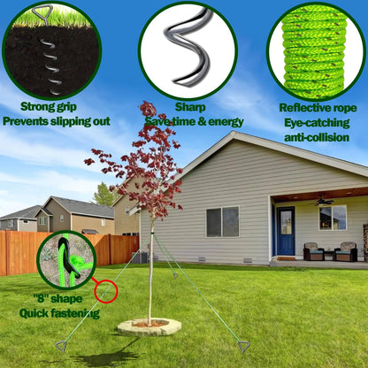37pcs 12sets Heavy Duty Tree Stakes and Supports for Young Trees 16" Straightening Kit Metal Spiral Chrome Plated Brace Tree Ties Anti-Collision Reflective Rope