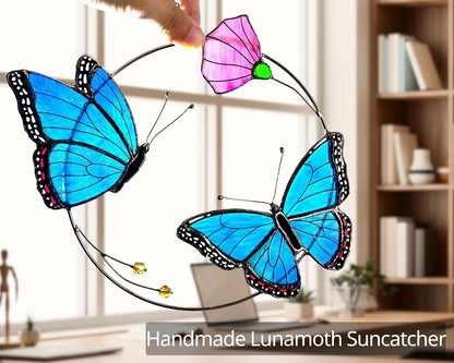2 Morpho Butterfly Stained Glass Window Hanging - Handmade Suncatcher Real Glass - Blue Menelaus Butterflies Light Catcher Elegant Gifts for Mother, Women, Grandma (Gifts-Box provided)