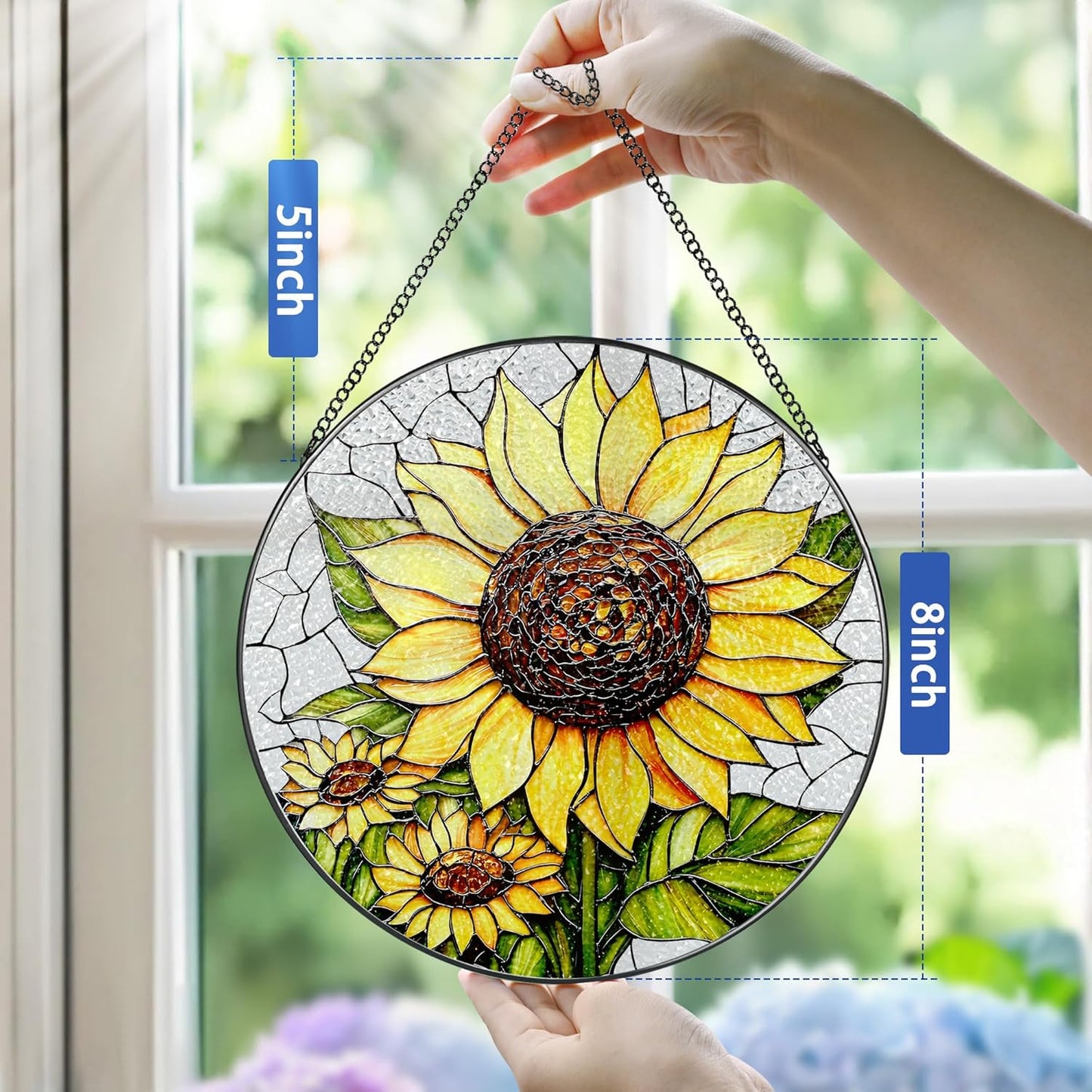 8-Inch Stained Glass Ornament, Stained Glass Window Hanging, Sunflower Ornament, Window Hanging Decor Suncatcher | Mother's Day, Christmas, Birthday, Gifts for Sunflower Plant Lovers
