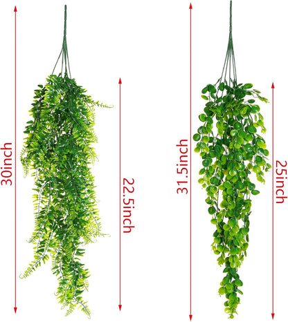 jiebor 4Pcs Fake Artificial Plastic Greenery Faux Hanging Plants Ferns Eucalyptus Vines for Bathroom Living Room Home Indoor Outdoor Office Wall Shelf Decor